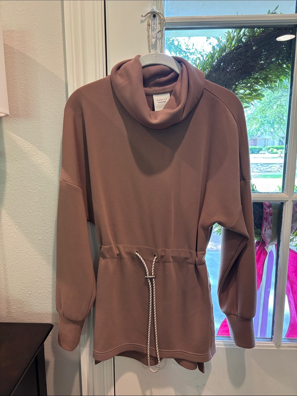 Varley Dusty Brown Cowl-Neck Drawstring Tunic Sweater